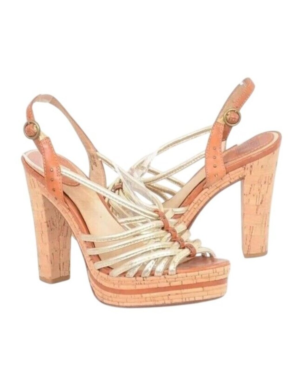 FRYE Lena Retro 70s Strappy Leather Chunky Cork Heel Slingback Shoes Heels 7.5
